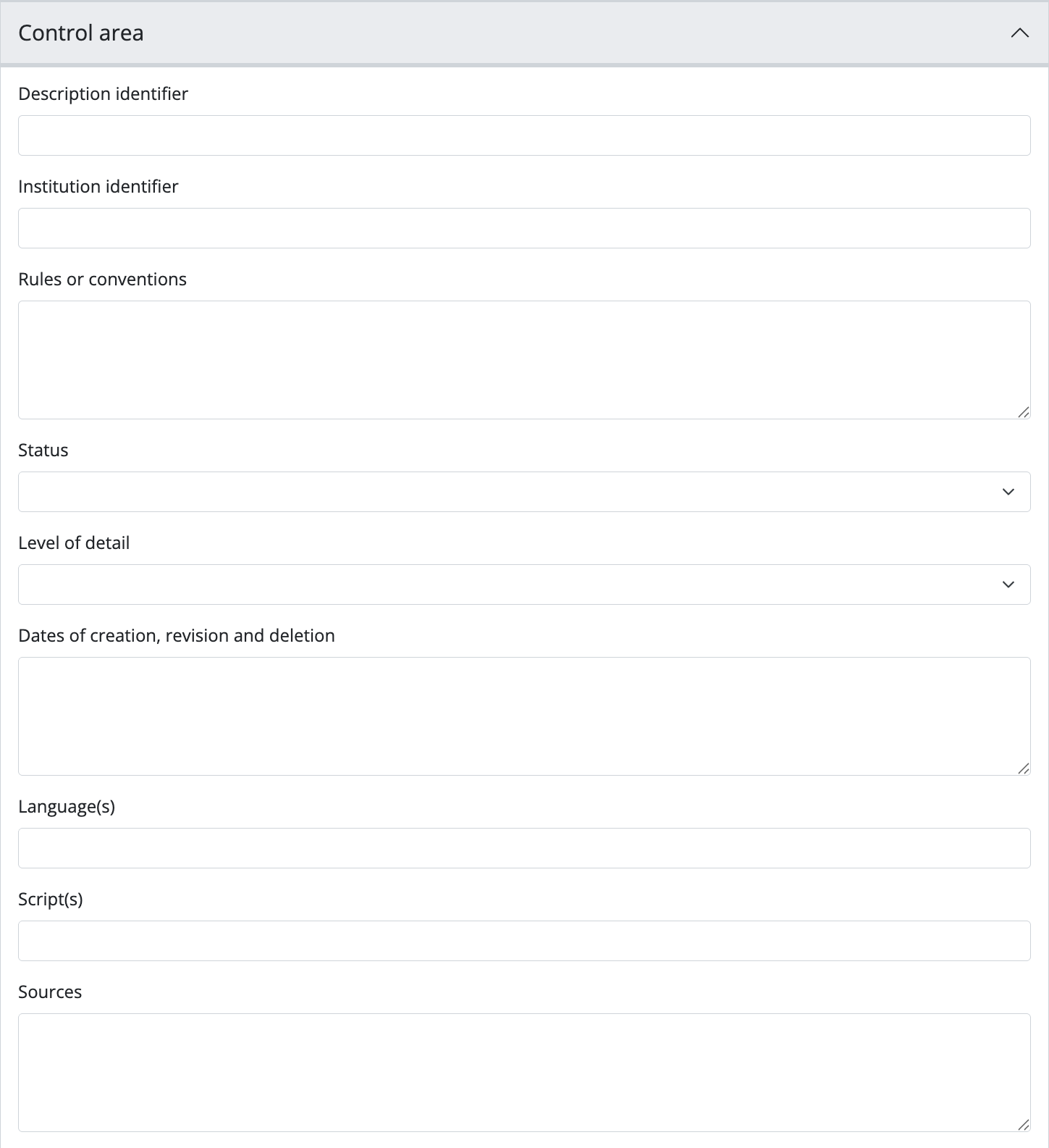 An image of the data entry fields for the Control area.