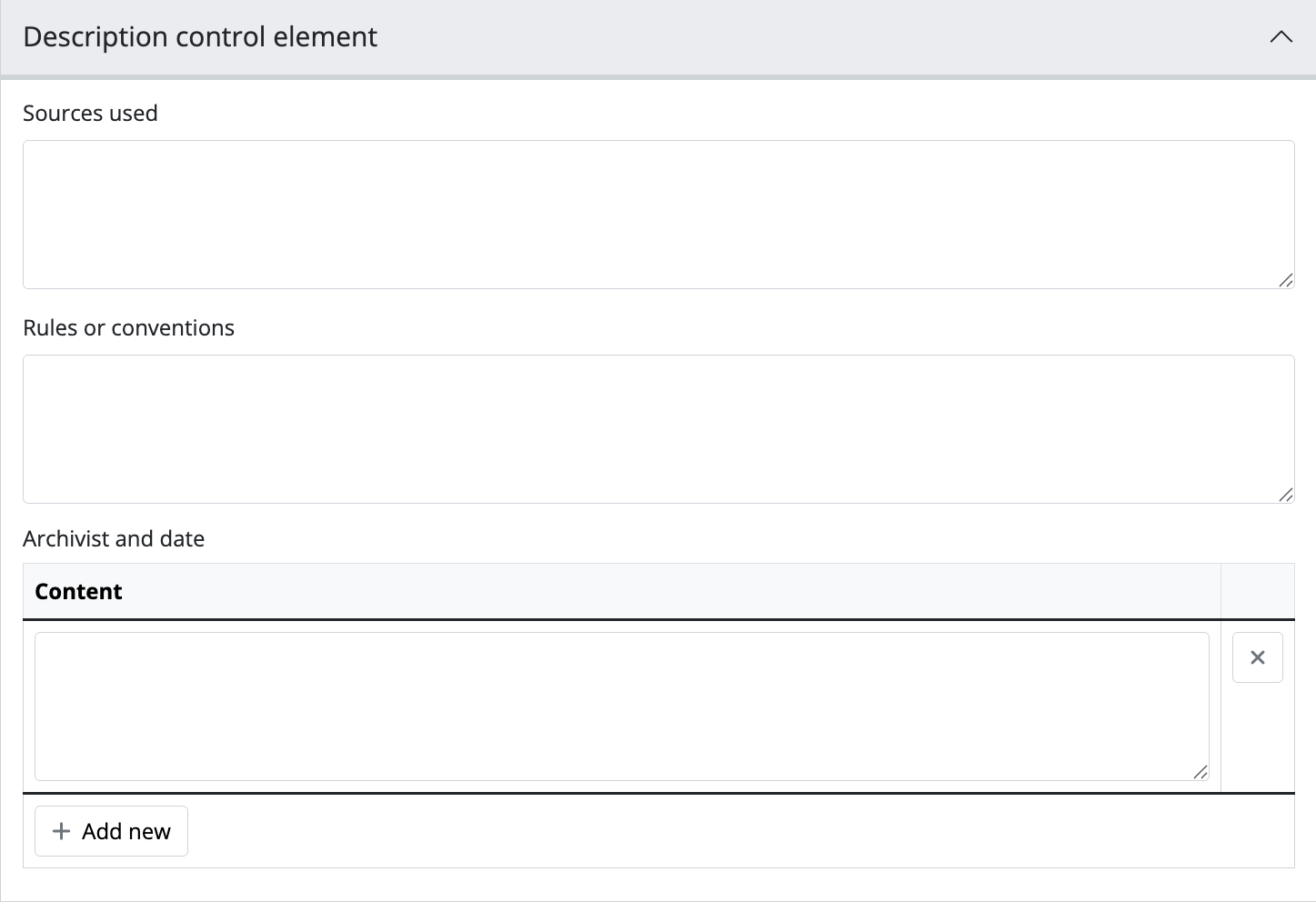 An image of the data entry fields for the Description control area.