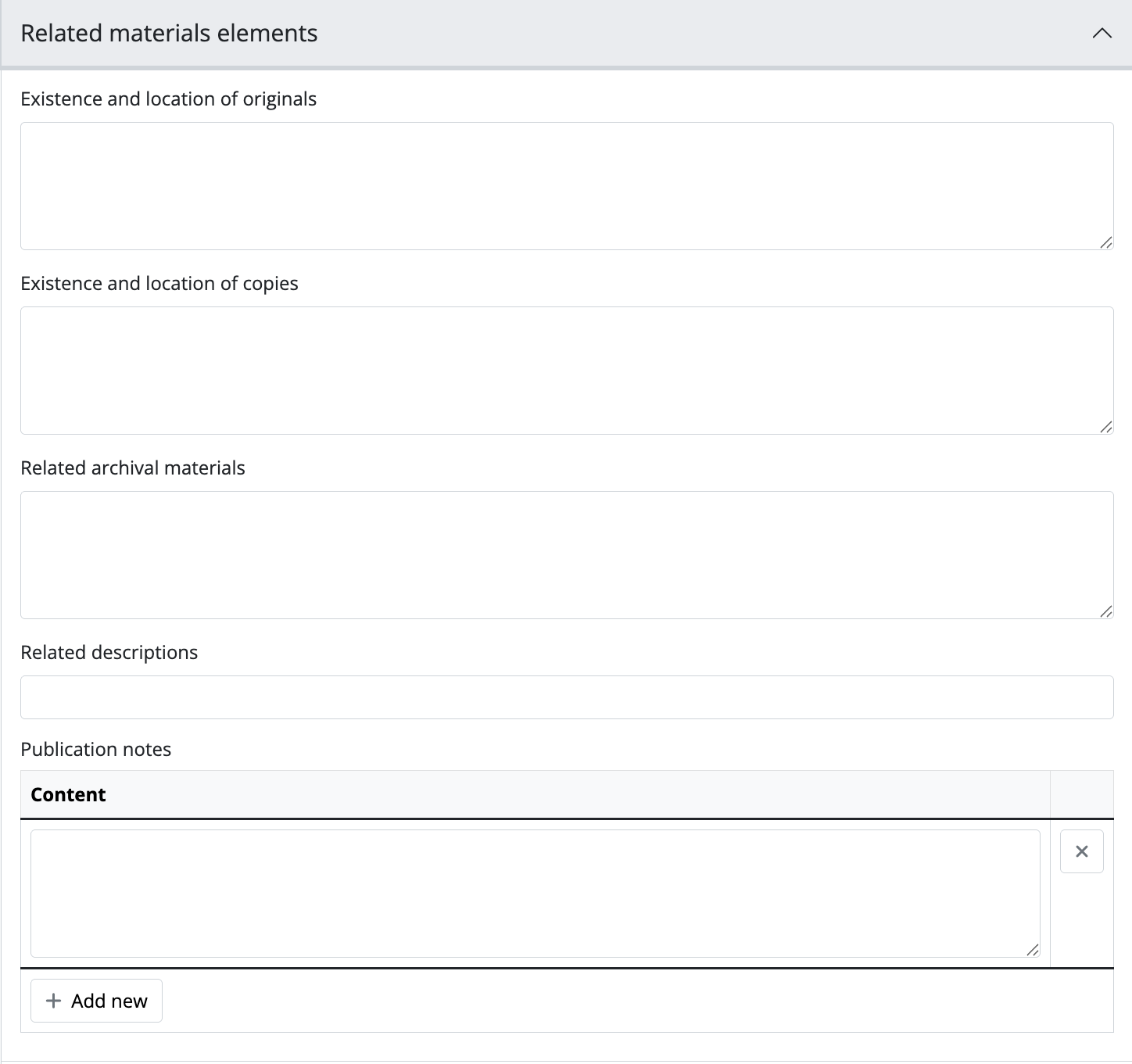 An image of the data entry fields for the Related materials area.