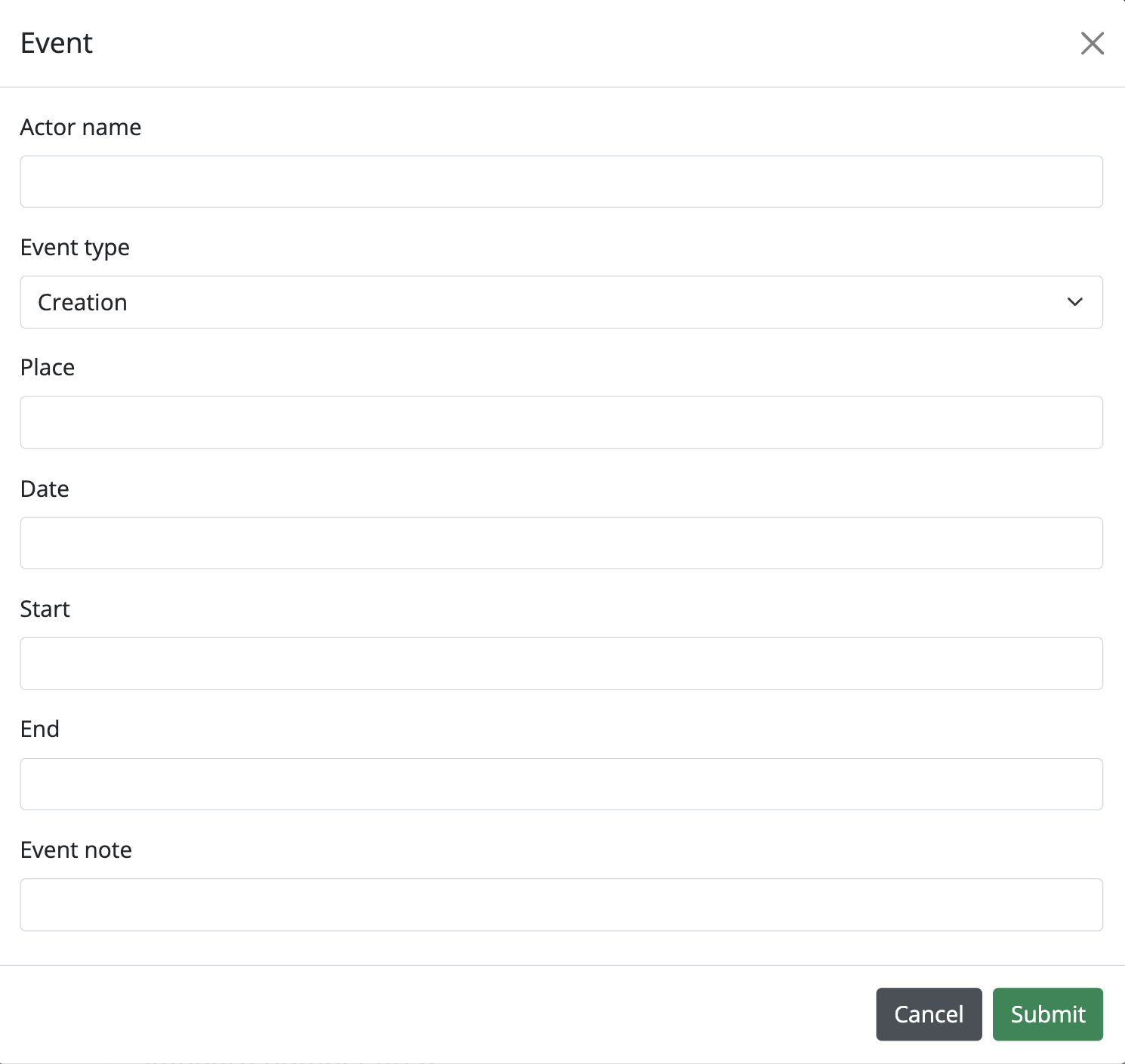 An image of the data entry fields for the Dates of Creation area
