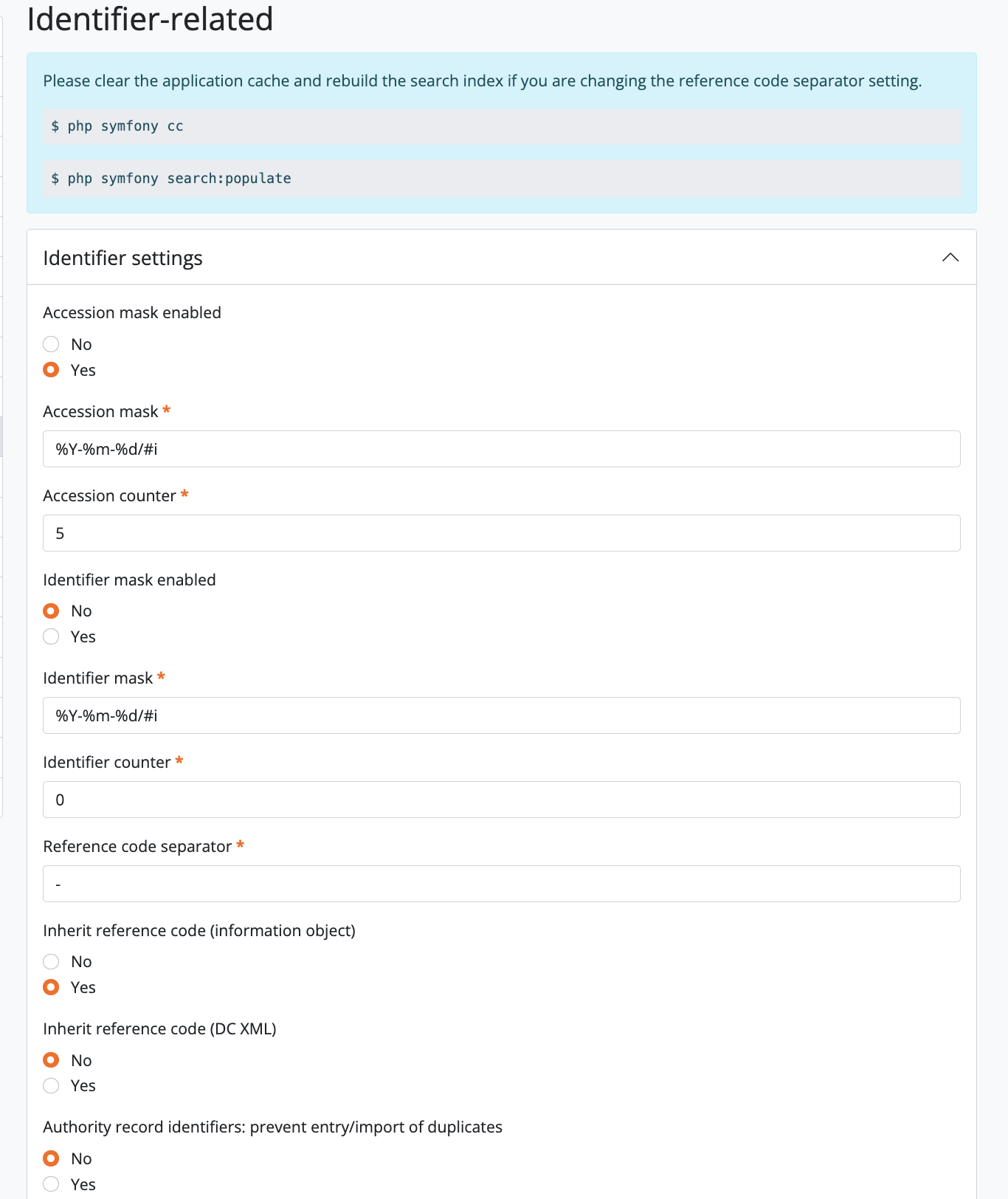 An image of the identifier-related settings in AtoM