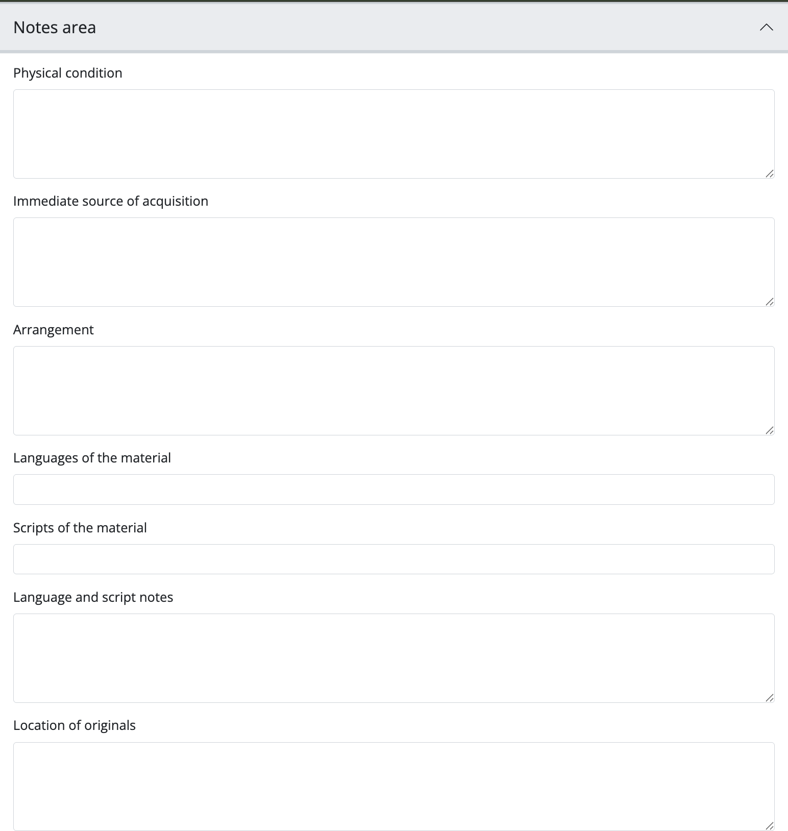An image of the first block of data entry fields for the notes area.