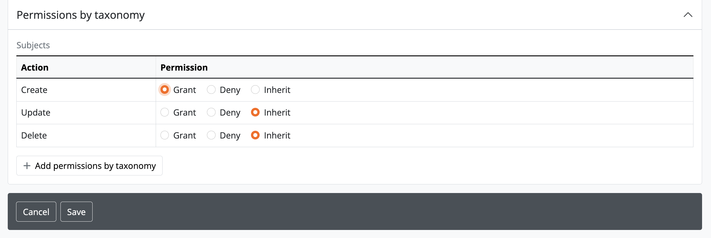Example of how to remove permissions in a taxonomy.