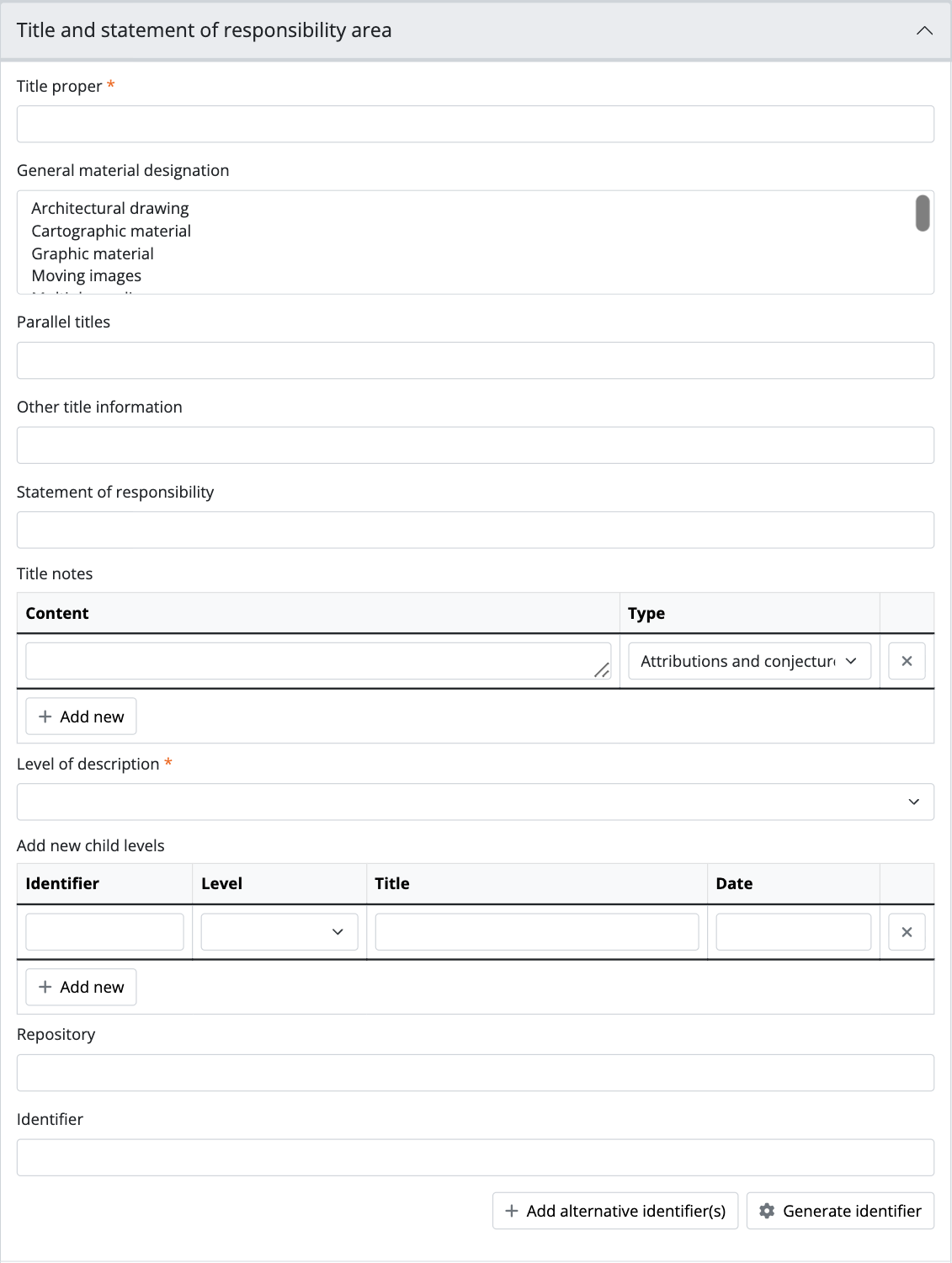 An image of the data entry fields for the Title and statement of responsibility area.