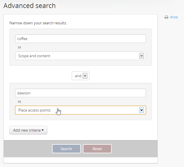 An image of a user adding search fields using the "Add new criteria" button in the Advanced search interface