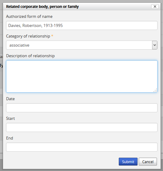 An image of the Relationships dialog in an authority record
