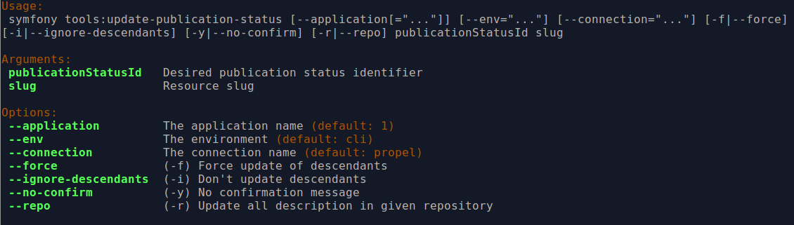 The CLI options when invoking the publication status command