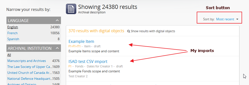 The browse page following a CSV import