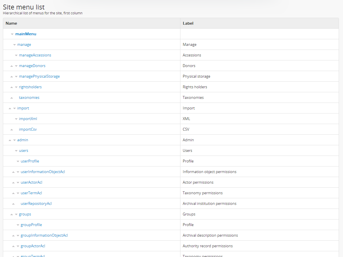 An image of menus list in AtoM