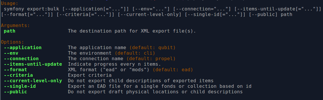 An image of the options available in the export:bulk command