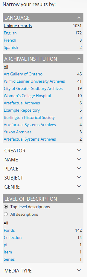 An image of the facet filters on an archival description browse page