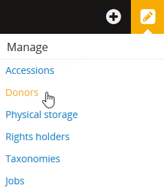 An image of a user selecting Donors in the Manage menu