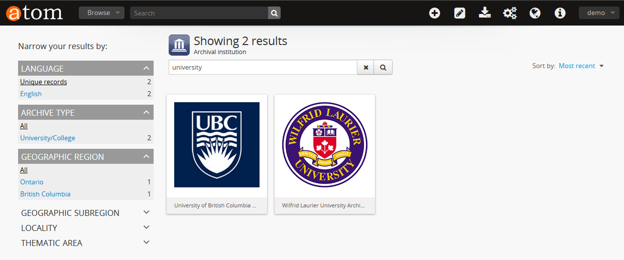 An image of the archival institution search results