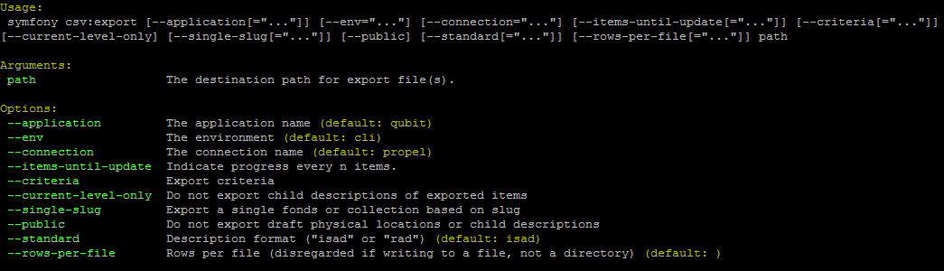 An image of the command-line options for CSV export