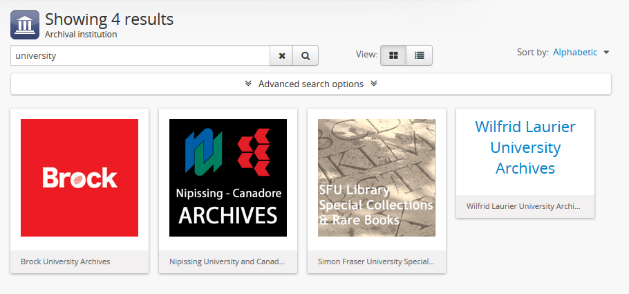 An image of the archival institution search results, card view