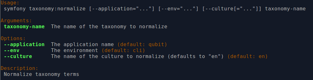 An image of the CLI options when invoking the taxonomy:normalize command