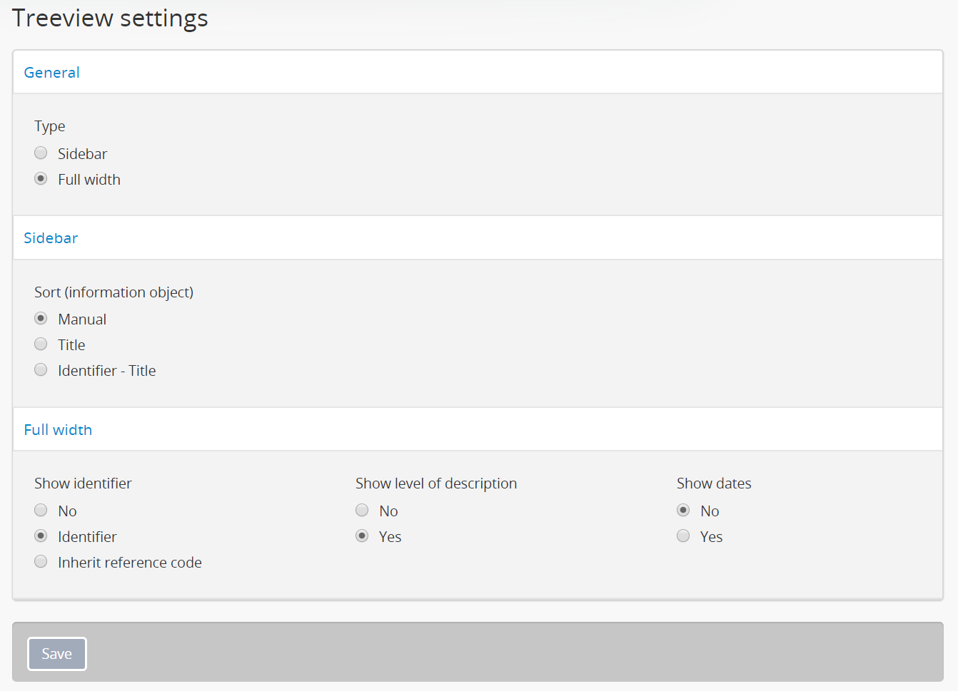 Treview settings page in AtoM