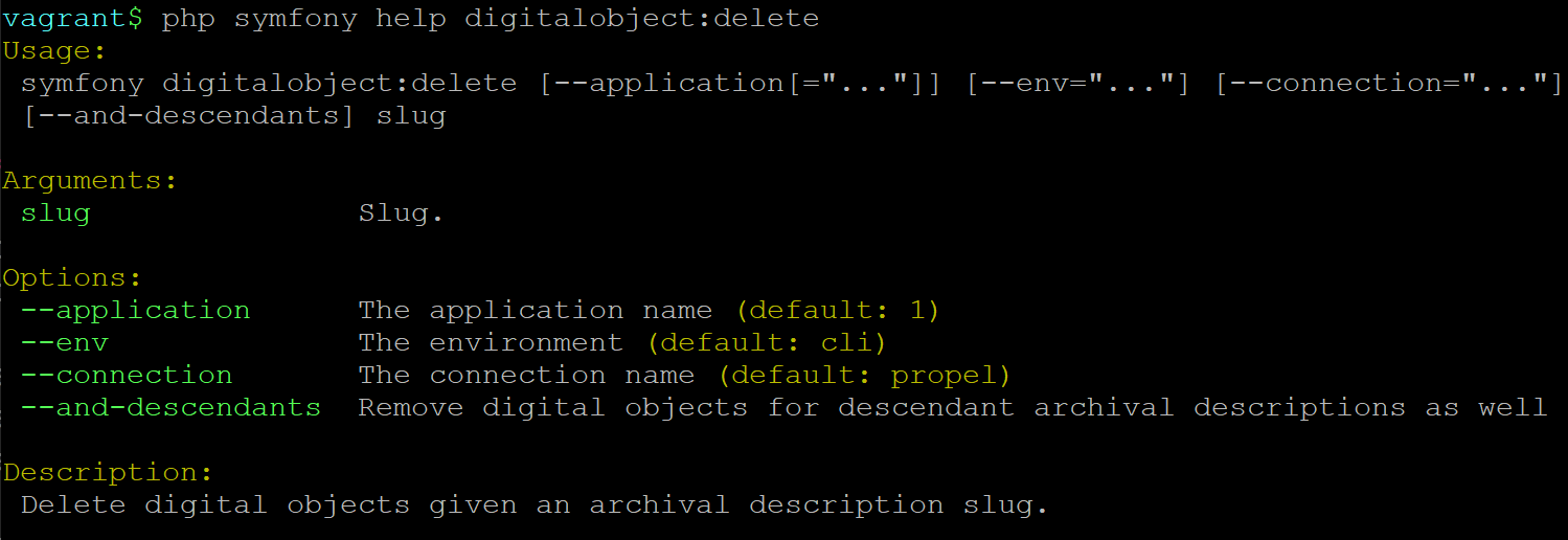 An image of the command-line's help text for the digital object delete task