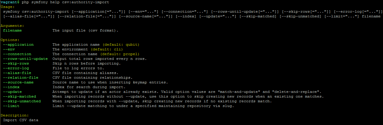 An image of the command-line options for authority record CSV imports