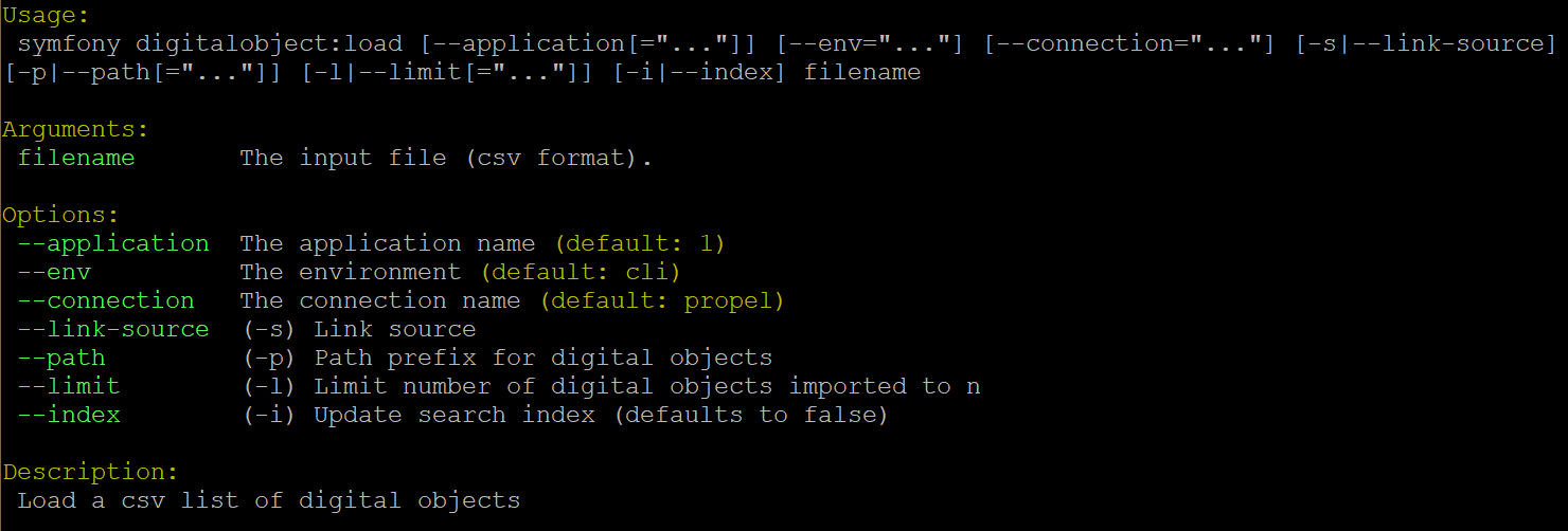 An image of the command-line options for digitalobject:load