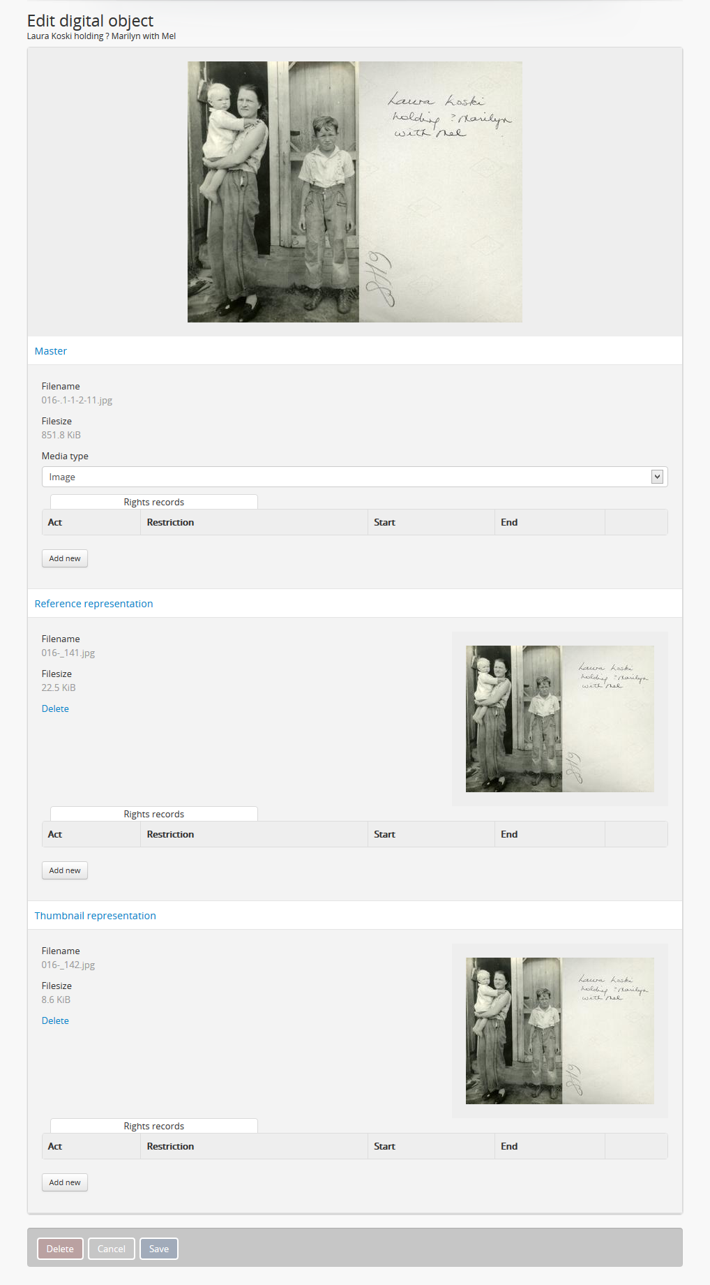 Example of the edit digital object page