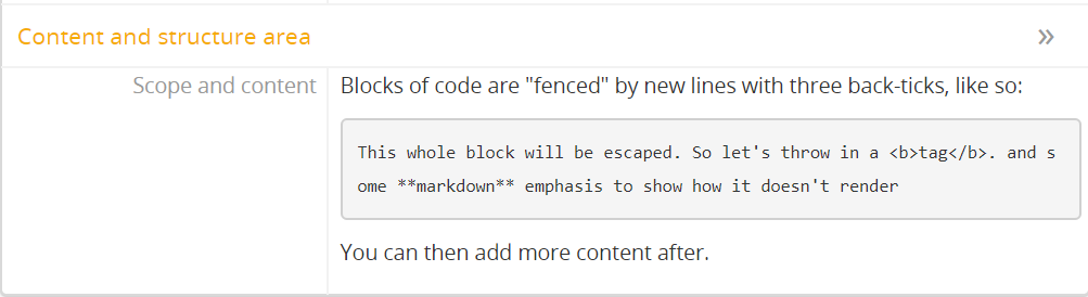 An example of markdown codeb formatting rendered in AtoM