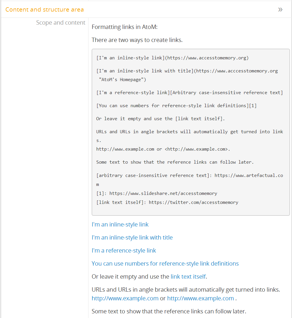 An example of markdown link formatting rendered in AtoM