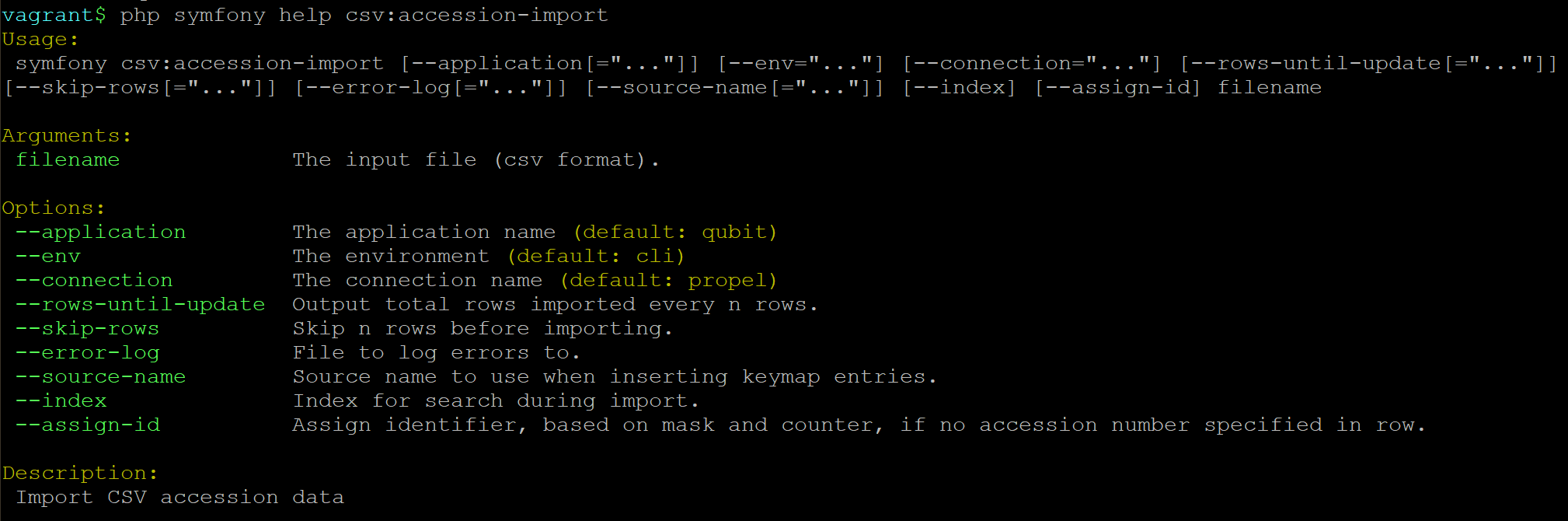 An image of the command-line options for accession record imports
