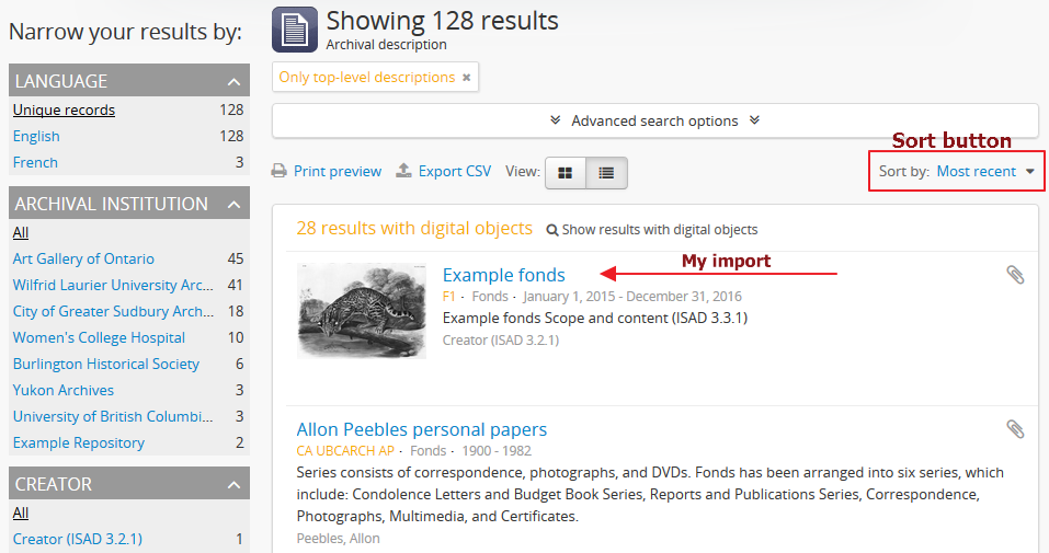 The browse page following a CSV import