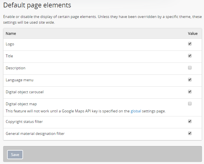 Settings for default page elements.