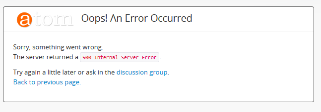 An image of a 500 internal server error message in AtoM