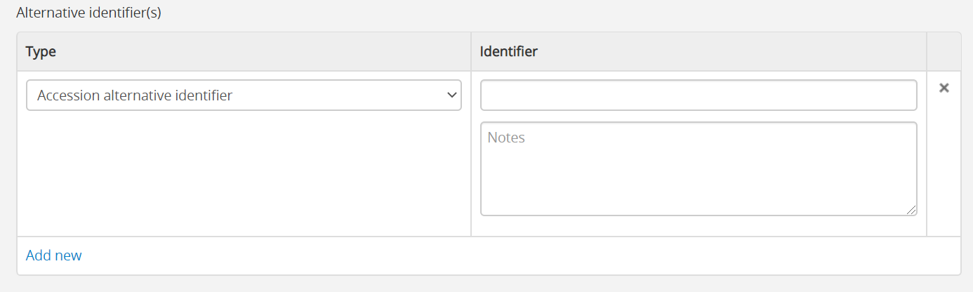 An image of the alternative identifier edit fields