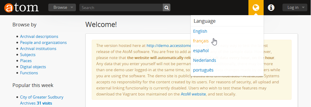 An image of a user choosing a language via the language menu