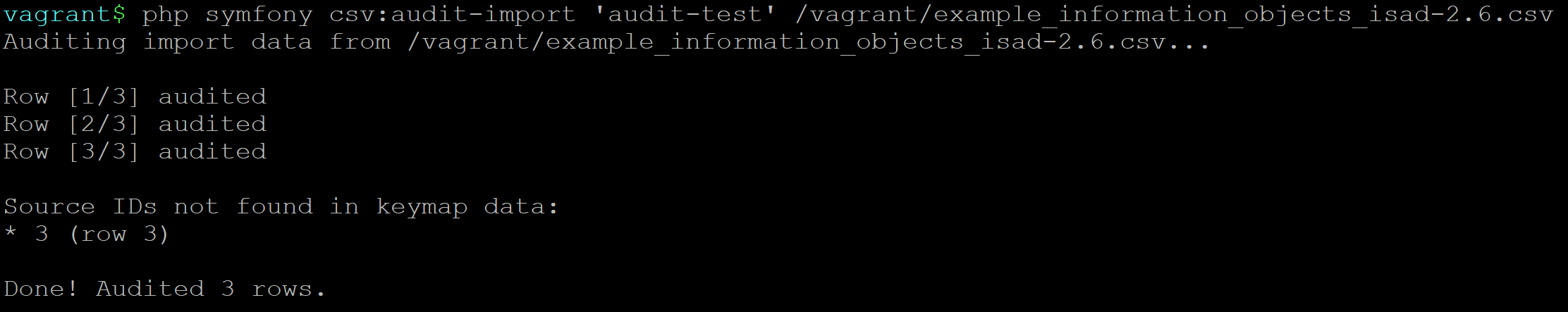 An example run of the csv:audit-import task