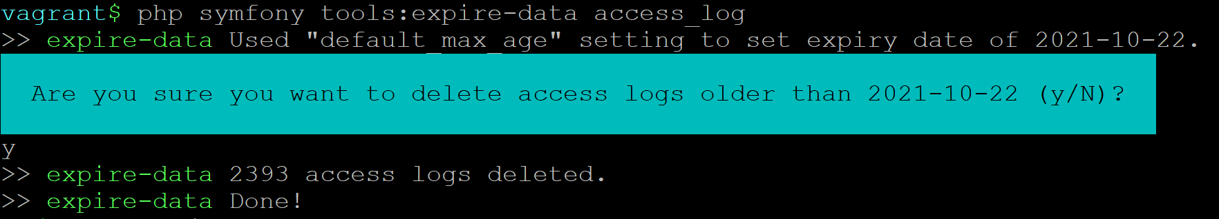 An image showing the confirmation message when running the tools:expire command