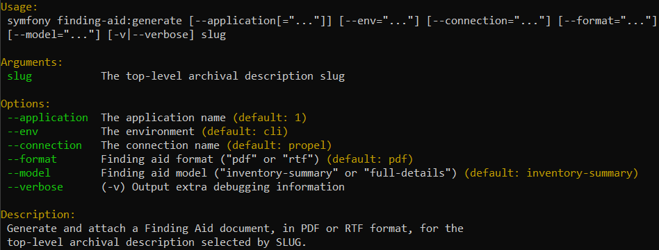 An image of the help page for the finding-aid:generate CLI tool