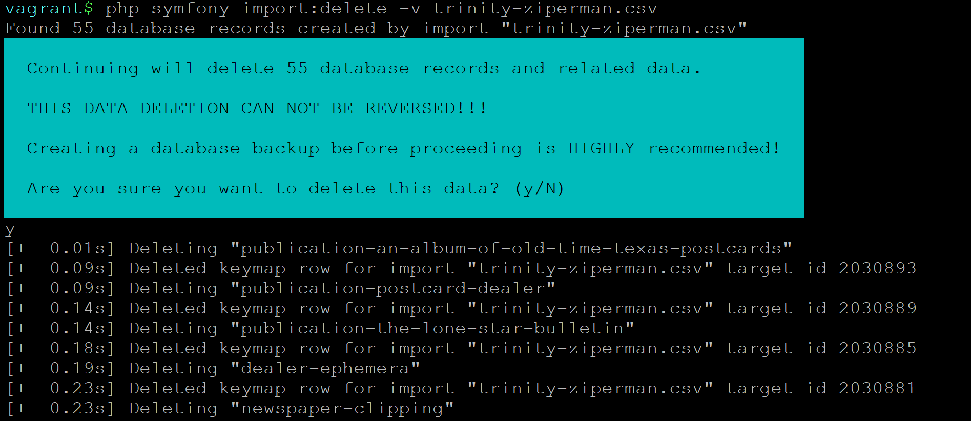 An image of the confirmation message shown when running the import:delete command-line task