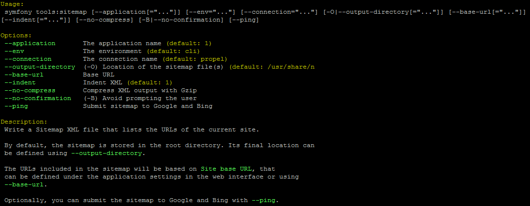 An image of the help page for the sitemap CLI tool