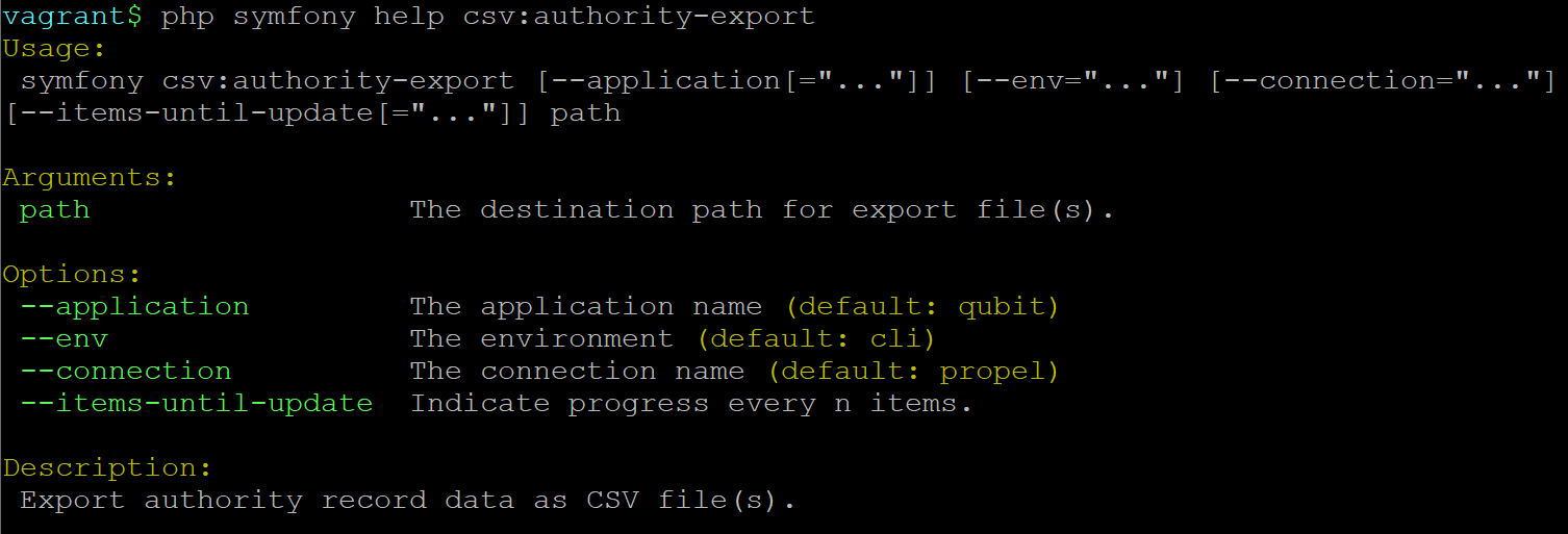 An image of the command-line options for CSV authority export