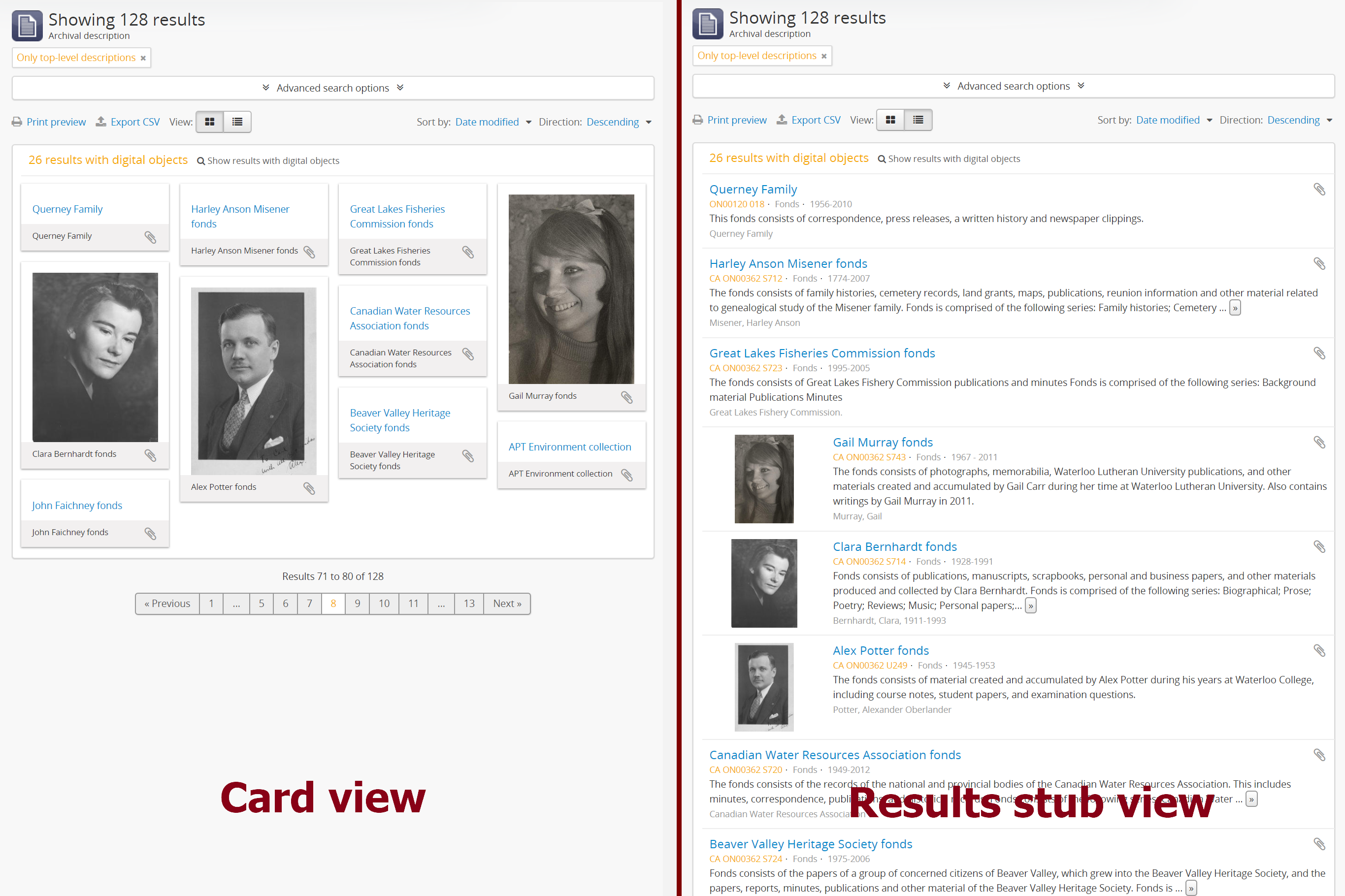 A comparison of the card and results stub views of the archival description browse page