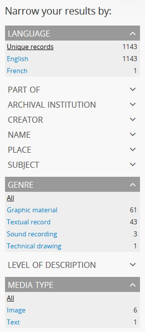 An image of the facet filters on an archival description browse page