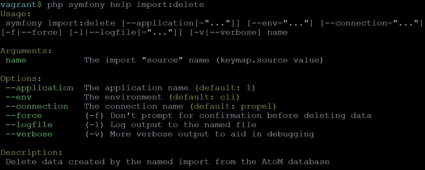 An image of the help output shown in the console for the import:delete command-line task