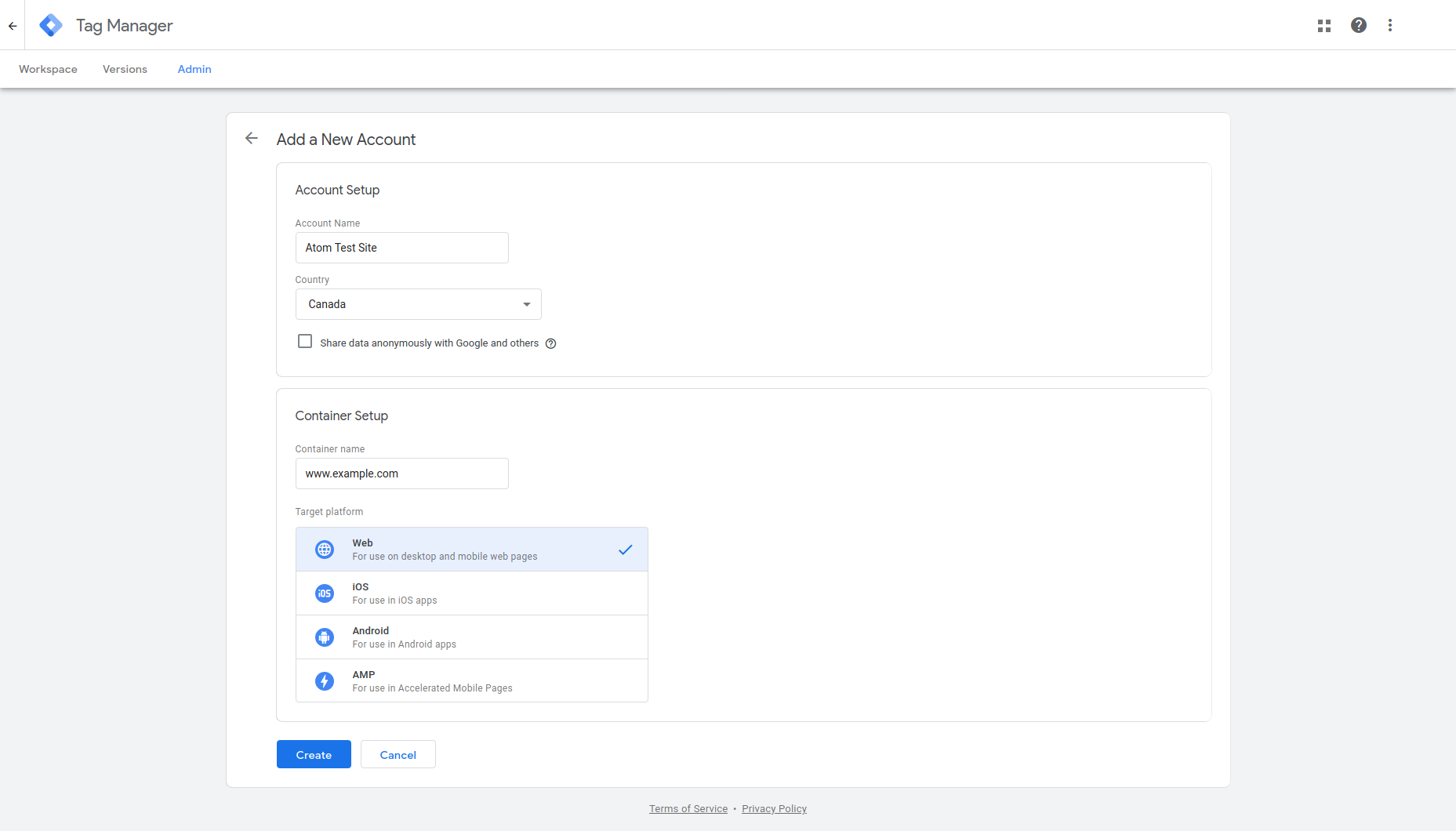 Creating an account in Google Tag Manager