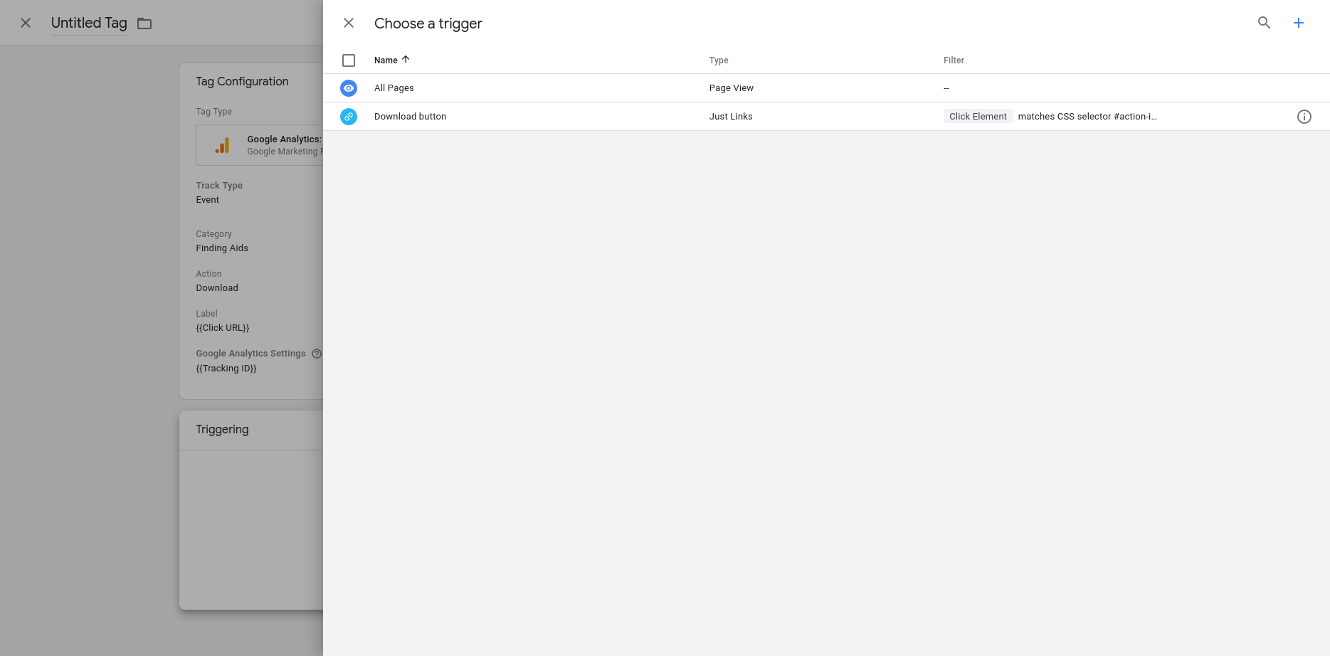 Google Tag Manager Tags configuration panel - choosing the trigger